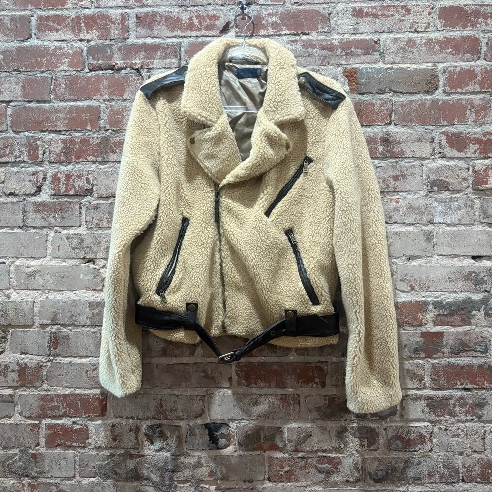 POLO RALPH LAUREN Sherpa Fleece Moto Jacket Leather Trim Women’s Size Large - Picture 2 of 8